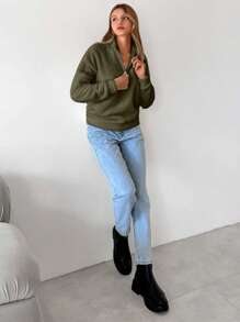 RueChic Của phụ nữ Màu thuần Thả vai Đứng cổ áo Sang trọng Áo nỉ - Màu Khaki - Xem 4