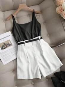 SHEIN PETITE 休闲条纹宽松阔腿七分裤，百搭卡其色，春夏女士短裤 - 白色 - 查看 2