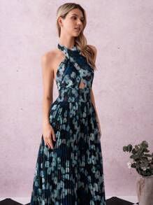 SHEIN Clasi Gaun Maxi Wanita Kasual Modis Ringan dengan Kerah Berkerut dan Motif Cetak, Musim Semi/Panas - MultiWarna - View 4