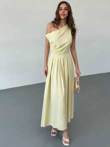 Aloruh Vestido de mujer de longitud media, de nueva llegada para primavera/verano, con hombros oblicuos, plisado y bajo asimétrico, en un estilo minimalista y de oficina para el traslado, en color amarillo claro - Amarillo claro - Ver 6
