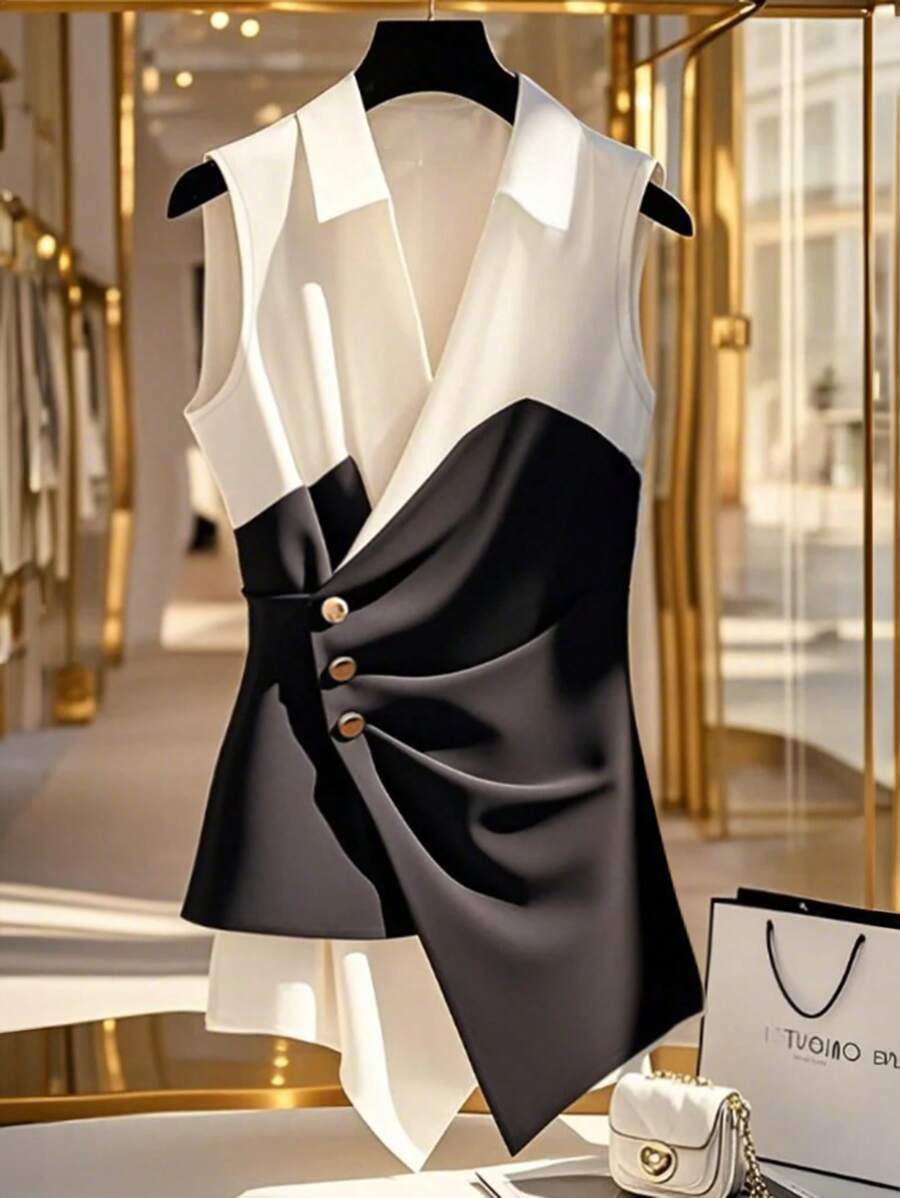SHEIN Unity 女式优雅 V 领、纽扣装饰、褶饰、不对称下摆、无袖、仿两件套黑白拼色衬衫,春夏 - 黑與白 - 查看 1