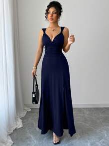 SHEIN Unity Sleeveless Solid Color Thigh Slit Elegant Dress, Summer - Navy Blue - View 6