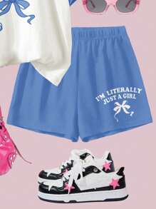 SHEIN Tween Girls Casual Simple Short Sleeve Top And Shorts 2 Pieces Set, Suitable For Summer - Multicolor - View 4