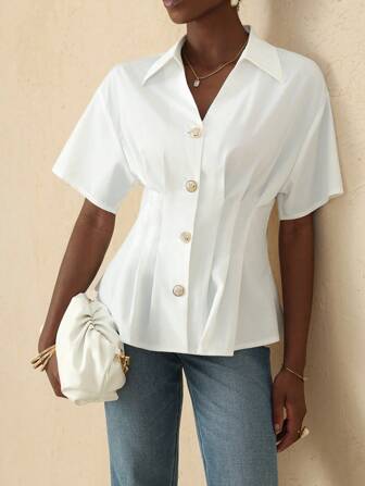 Vesra Women Minimalist Solid Color Front Button Elegant Short Sleeve Shirt, Suitable For Commuting In Summer