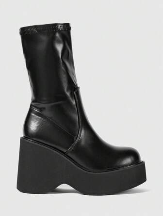 Goth Women's Thick Sole Matte Black Chunky Punk Rock Mid-Calf Boots, Fashion Minimalist Comfortable Elegant Round Toe Slip-On Gothic Combat Rider Boots