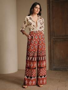 Anewsta 女士春夏菱形格高端时尚印花上衣和裤子两件套休闲、节日、度假、假日 - 紅木色 - 查看 4