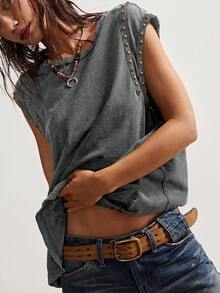 Bohemela Women's Plain Rivet Washed Loose T-Shirt, Western Music Festival Style Gray Tops Open Back Tops Open Back Shirts Gray Top Chain Top - Grey - View 4