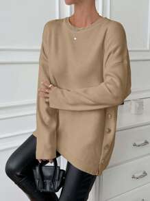 EURMUSE Side Snap Button Crew Neck Casual Pullover Sweatshirt, Simple & Fashionable For Daily Wear - Camel - View 4