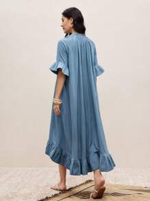 Modelyn Vestido con cuello en V con volantes para mujer, estilo de vacaciones - Azul - Ver 4