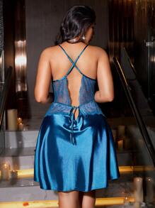 SilkySpell 大码性感露背系带拼接缎面睡袍 - 綠色 - 查看 6