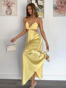 Siren Gaze 女士纯色腰部镂空荷叶边吊带中长连衣裙，优雅时尚女士短裙夏季女士生日装优雅礼服黄色太阳裙柠檬黄褶皱连衣裙镂空太阳裙早午餐裙奶油黄连衣裙 - Butter Yellow - 查看 4