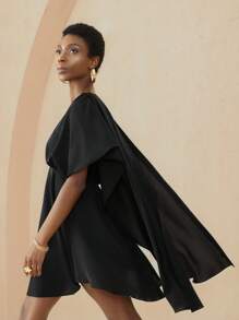 Vesra 女式圆领短袖蝙蝠腰迷你连衣裙，梭织面料，优雅修身休闲百搭连衣裙