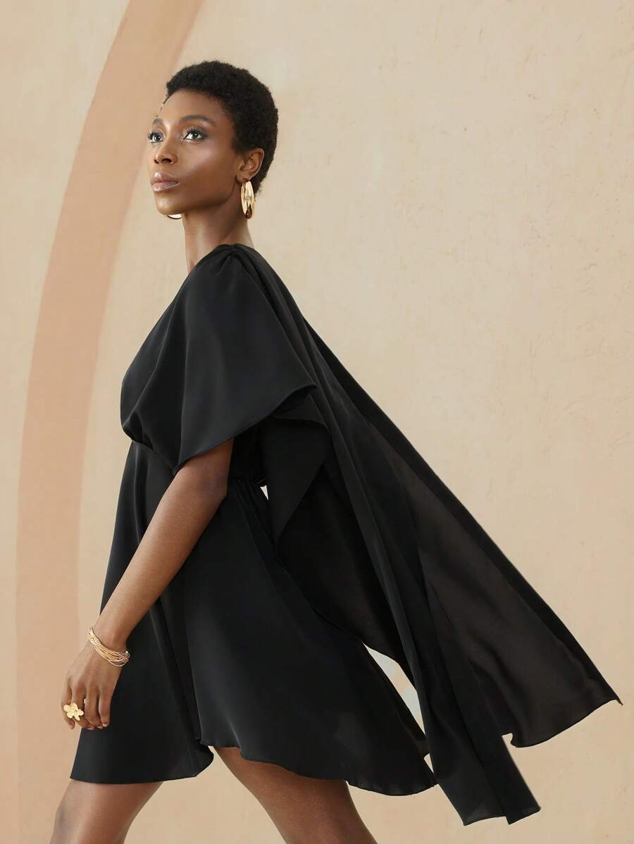 Vesra 女式圆领短袖蝙蝠腰迷你连衣裙，梭织面料，优雅修身休闲百搭连衣裙