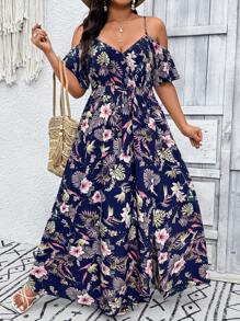 SHEIN VCAY Plus Size Women's Tropical Plant Print Off-Shoulder Slit Hem Elegant Dress, Summer - Navy Blue - View 4
