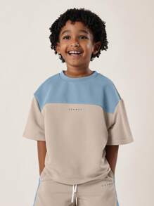 SUMWON Kids Contrast Panel Ribbed Summer Holiday Leisure Set Knitted High Fashion Urban Style Casual Athleisure Everyday Wear - Khaki - View 3