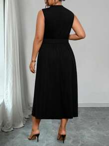 Elenzga Plus Size Women Fashionable Faux Pearl Decor Notched Neck Sleeveless Maxi Dress - Black - View 2