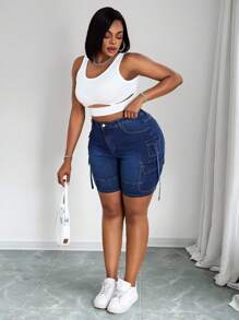 Maweii Plus Size Women Stretchy Denim Cowgirl Outfit Shorts, Multi Pockets Casual Summer Skinny Shorts  Summer Outfits For Women Festival Outfits Club Outfits Women Sexy Cargo Shorts