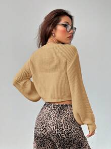 SHEIN PETITE White Lantern Sleeve Button Front Rib Knit Cardigan - Khaki - View 2