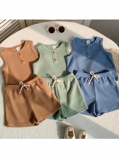 Loomiva 6pcs Set Baby Boy Cute Casual Knitted Top & Shorts Sets, Summer Basic Multipack