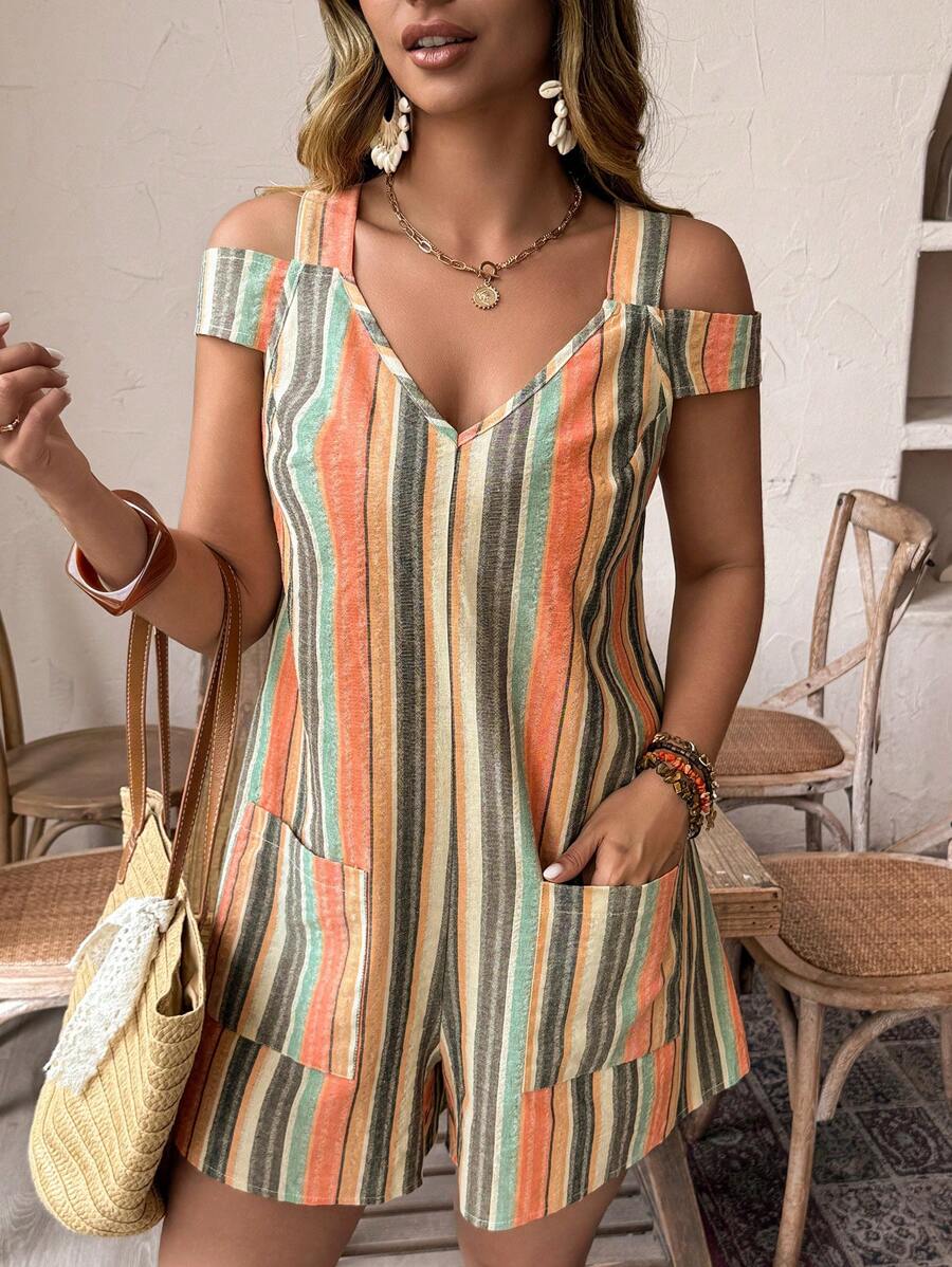 EMERY ROSE Bộ đồ liền thân vải họa tiết kẻ sọc hở vai không tay cổ chữ V cỡ lớn cho nữ, đi nghỉ thường ngày - trái cam - Xem 1