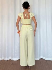 Rafferiza Conjunto de 2 piezas para mujer con top de cuello cuadrado elegante amarillo de manga abullonada y pantalones de pierna ancha, para verano - Amarillo - Ver 2