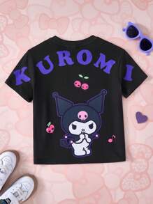 HELLO KITTY AND FRIENDS | SHEIN 少女卡通图案可爱黑色休闲短袖T恤夏季 - 黑色 - 查看 2