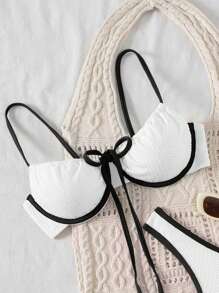Sweetra Women's Contrast Color Bowknot Back Adjustable Spaghetti Strap Bikini Tops For Summer Beach Vacation - White - View 1