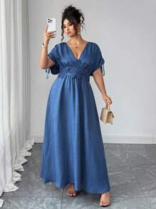 Elenzga Robe longue ample femme de grande taille, col V, taille resserrée par cordon, imprimé floral, élégante et casual pour tous les jours - Bleu azur - Voir 5