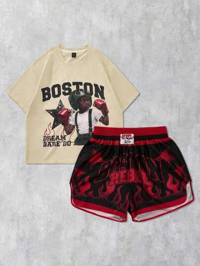 Street Life مجموعة تي شيرت كم قصير مطبوع بالرسوم المتحركة اليابانية والشورت مناسبة للرياضة منضم، من ملابس الشارع للرجال طراز عام 2000 ، مناسبة للارتداء اليومي في الربيع والصيف