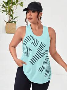 Gameset SHEIN Sport 大码女式字母印花圆领日常健身运动背心 - 水鴨藍 - 查看 5