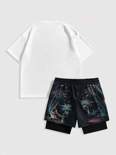 Street Life Conjunto casual de vacaciones para hombres con camiseta de manga corta con estampado de letra y palmera, y pantalones cortos