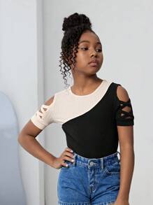 SHEIN Áo thun tay lỡ đan màu tương phản cho bé gái tuổi mới lớn - Nhiều màu - Xem 4