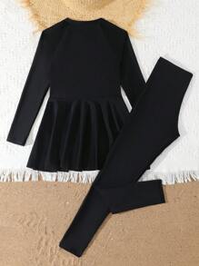 青少年女童分体泳衣，女童大童度假分体泳衣，侧面镂空设计，时尚休闲优雅泳装，大童夏季泳衣黑色长袖长裤泳衣，适合游泳、度假 - 黑色 - 查看 2