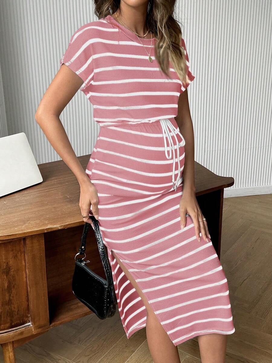 SHEIN Maternity Striped Batwing Sleeve H-Line Waist Drawstring Casual Dress - Pink - View 1