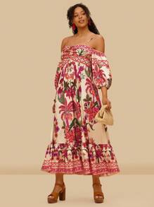 Travachic Plus Size Tropical Print Off Shoulder Long Dress,Summer Dresses For Women - Orange - View 5