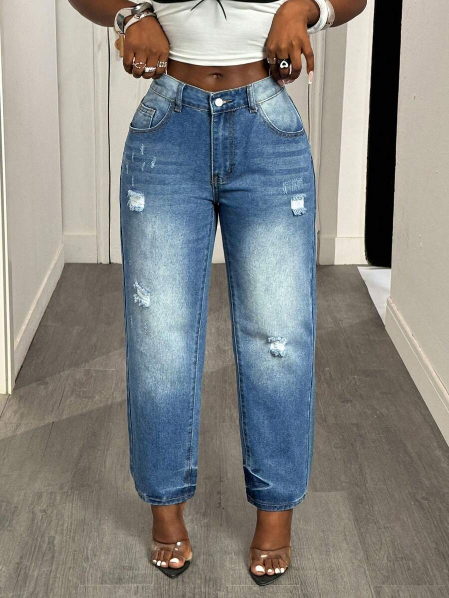 SHEIN Tall Casual Washed Distressed Tapered Jeans - Blue - View 1