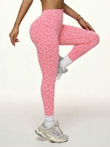 Slayform 豹纹宽腰运动紧身裤健身紧身裤瑜伽女裤 - 西瓜粉 - 查看 5