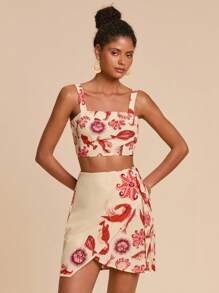 Travachic 2件套女士海洋生物印花无袖短款上衣和不对称半身裙