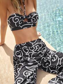 Maija Women's Summer Beach Full Print Halter Tie Sexy Bikini Swimsuit Set With Cover Up And Pants - Black - View 5