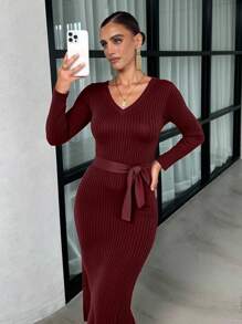 SHEIN Clasi 女款純色 V 領羅紋針織毛衣連身裙