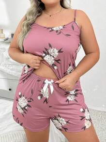 Plus Size Floral Print Sleeveless Cami Top And Shorts Pajama Set, Summer, Outfits - Pink - View 5