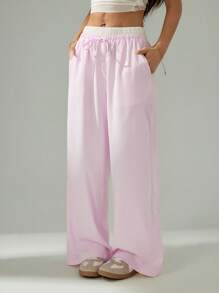 SHEIN PETITE Women's Casual Solid Color Pink Striped Contrast Waist Long Pants,Vacation Outfits Woman Fashionable For Daily Wear