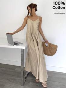 Siren Gaze Summer Dresses For Women 2025 | Graduation Dress Elegant & Vacation Beach | Khaki Cotton Maxi Dress With Pleated Stripe Detail | Spaghetti Strap Casual Fashion | Wedding Guest & 4th Of July Dress, Business Casual Sundress Women Casual Dresses Birthday Woman Clothes Women Summer Clothing Women Clothes Brown - Khaki - View 6