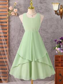 SHEIN Vestido de dama de honor para boda o fiesta, de unicolor con volantes en el dobladillo, para niñas - Verde - Ver 6
