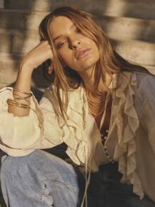 Aralina Winter Long Sleeved Ruffled Front Full Length Maxi Boho Cardigan Dress - White - View 3