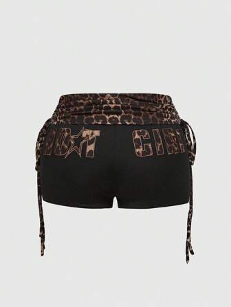 J-Fashion Plus Size Y2K Style Leopard Print Letter Embroidered Contrast Color Drawstring Shorts
