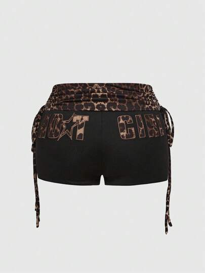 J-Fashion Plus Size Y2K Style Leopard Print Letter Embroidered Contrast Color Drawstring Shorts