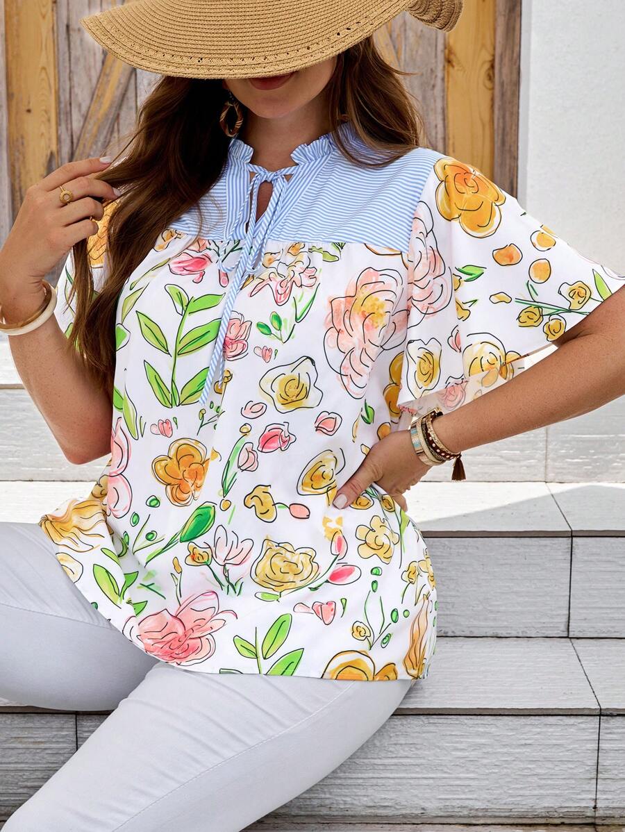 EMERY ROSE Blusa holgada con volantes y cuello con lazo, con estampado floral y de rayas, para talla grande, estilo de vacaciones de verano