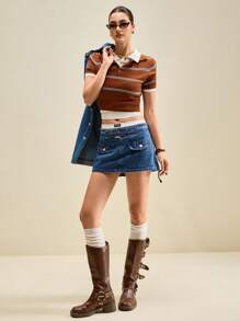 Muvela 女式蓝色牛仔短裙带口袋，低腰迷你裙裤配腰带，INS风，休闲学院风 - 中等水洗藍 - 查看 2