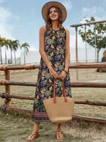 SHEIN LUNE Damen lässiges Paisley Blumen Muster Ärmelloses Kleid mit Taschen, Basic für Alltagstragen & Urlaub, Frühling/Sommer